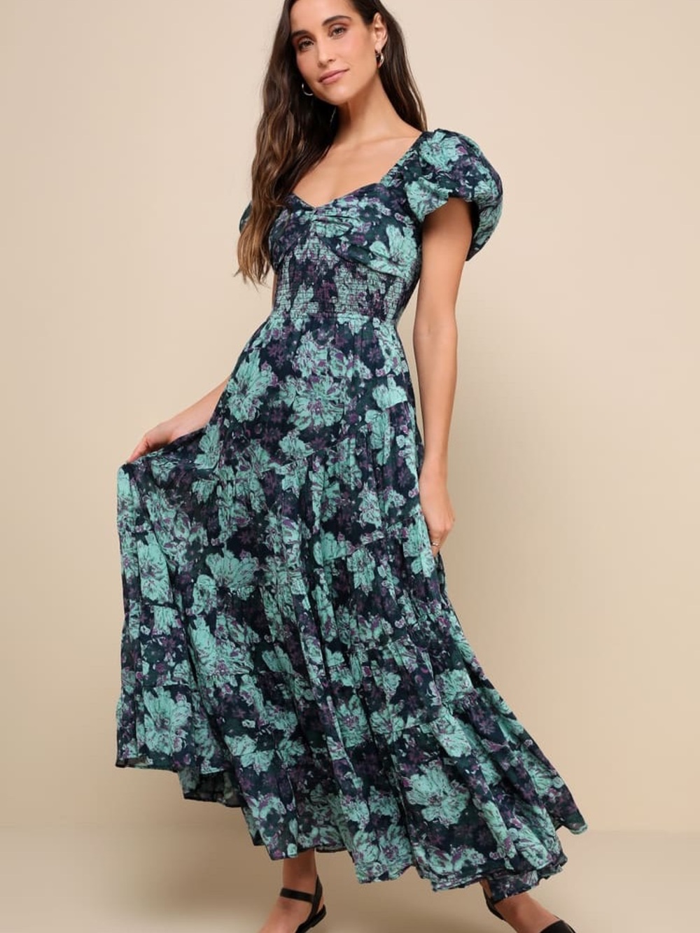 Free People Sweet Escape Maxi Dress Floral Puff Sleeve Smocked Boho Size M